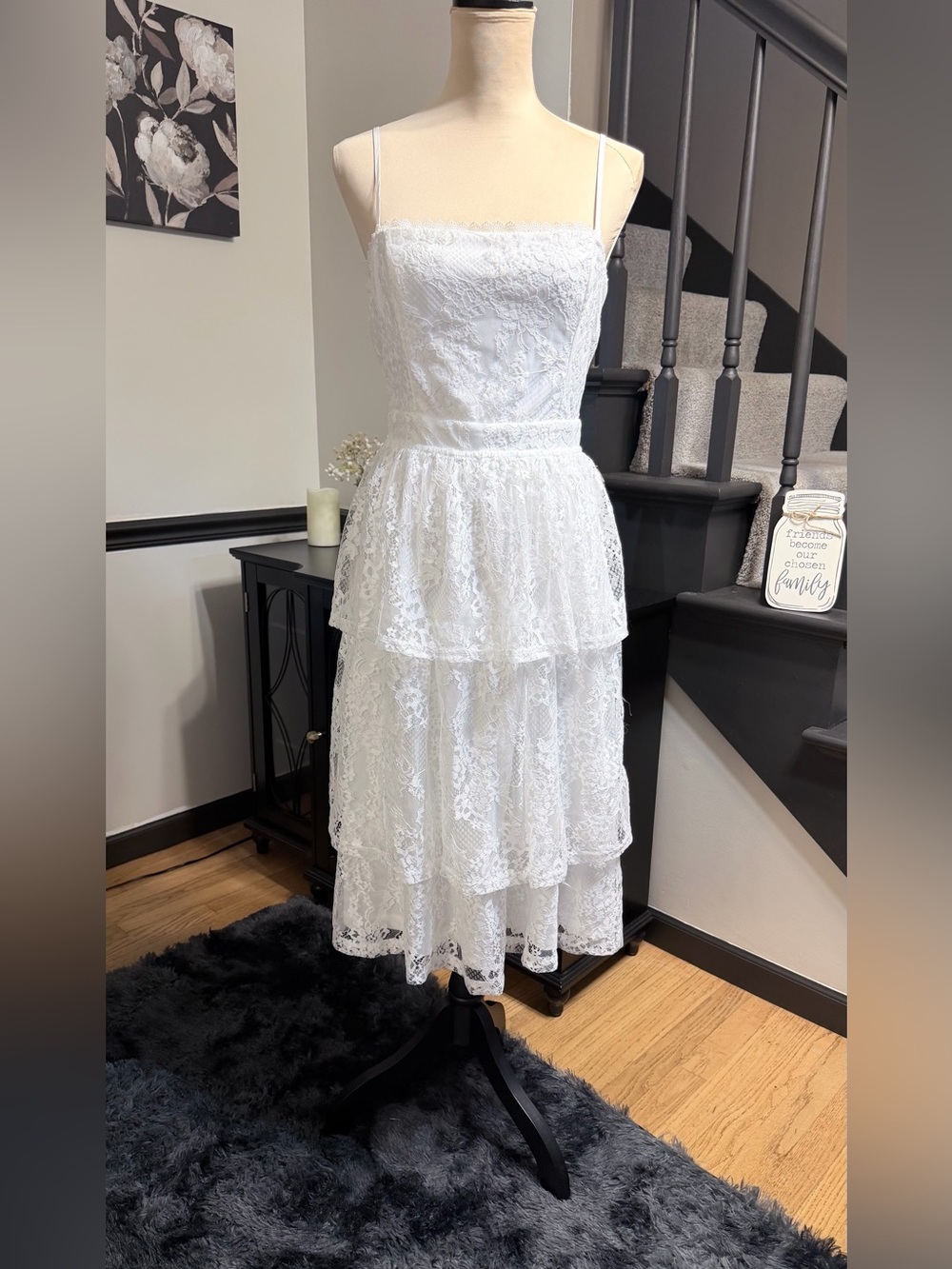 NWT Lulus White Lace Tiered Midi Dress with Open Back Medium - Picture 4 of 11